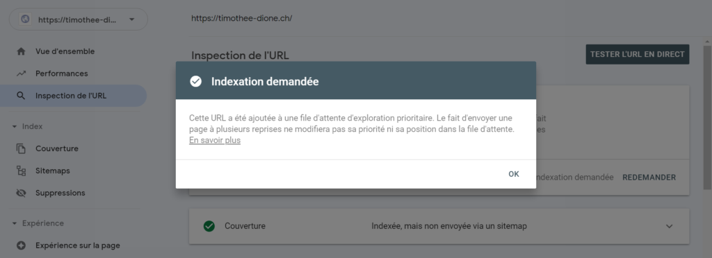 Demande d'indexation d'un site à l'aide de la Google Search Console pour améliorer son référencement SEO en web marketing.